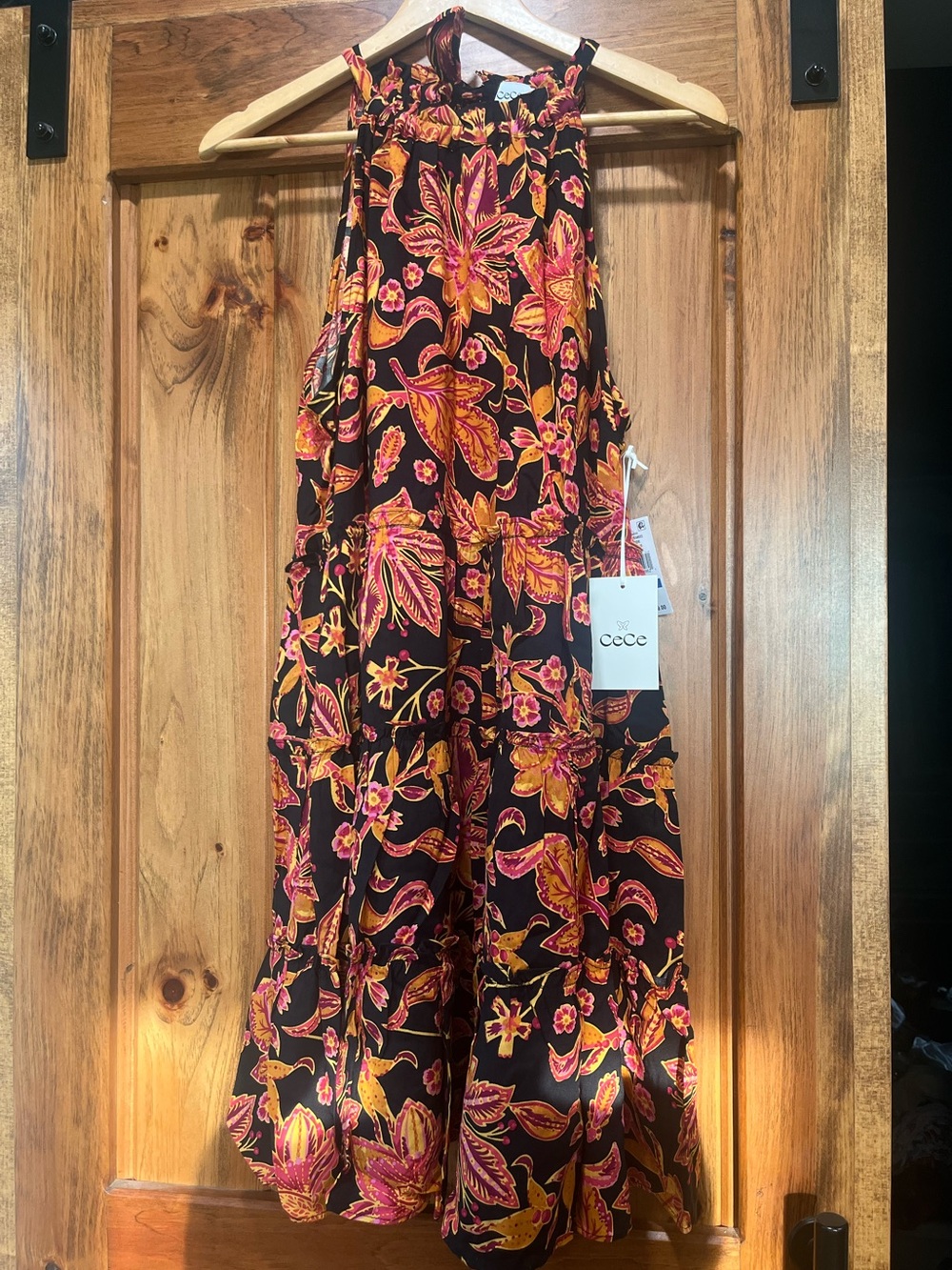 CeCe Black Halter Dress with Pink & Orange Floral Print and Pockets